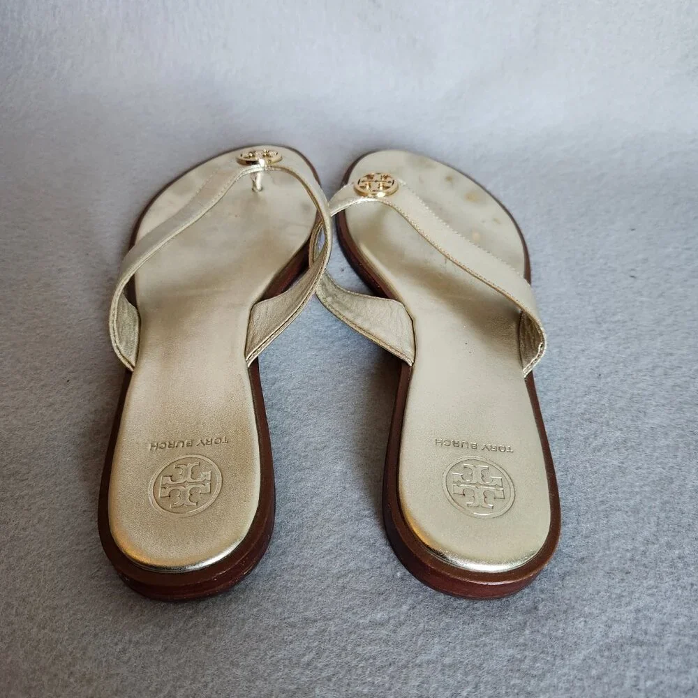 Tory Burch Metallic Gold Leather Thong Sandals